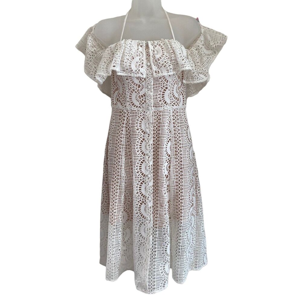 Line & Dot Size Small Dress Cold Shoulder Eyelet White Flounce Halter